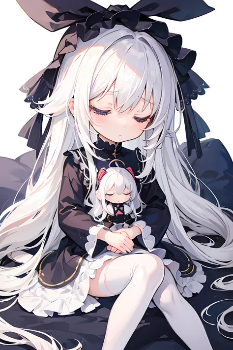 Sleepy doll, anime girl, doll girl, little girl, white hair girl, sleepy, sitting and sleeping, chibi, white background