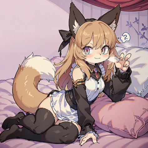 tmasterpiece，Best quality at best，own, beast wild, fluffy woman, Wolf-eared ax detail), (Light and shadow for any pillow background））, Cute girl in maid outfit posing on pillow, the maid outfit，white colors，natural,, (face flushed),A smile，pillow head,（man...