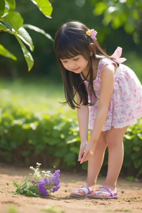 (Best quality,realistically,A high resolution),actual,girl (age 5),Pick flowers from the ground