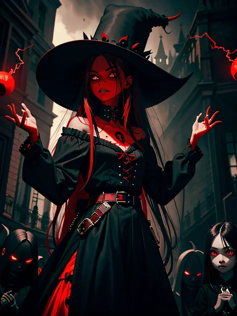 Masterpiece, Dark art, gloomy demon girl, (((red skin))), Long hair, tall victorian hat, belts and bags, (piercing), (Hands raised), long sleeves, ball lightning, electric fog, perfect anatomy, (station)