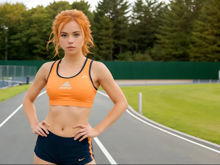 (((masterpiece))), ((one) girl 22 year old) (((Caucasian))) ((small breast)) French girl with shoulder length messy  orange hair, she  petite. She  wearing running gear, she facing towards the camera one hand on hip, outdoor running track, taken with, Cano...