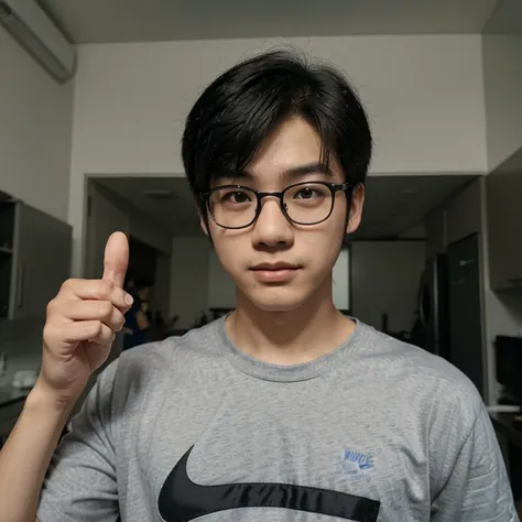 Pixar-inspired selfie of a korean teenager boy with black hair wearing grey nike t-shirt wearing glasses,facing 3/4 to the right and a thumbs up on the right too