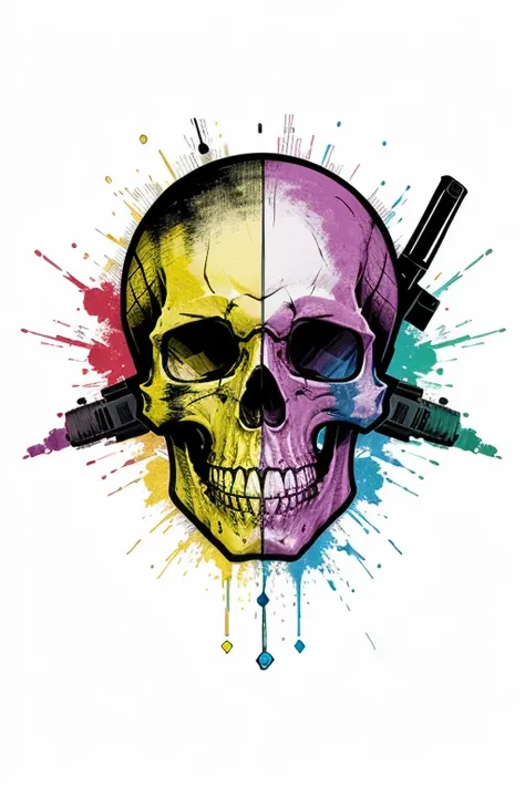 Create a colorful logo with a skull and a rifle in the jaw.