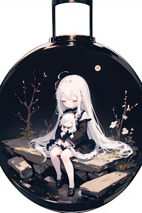 Sleepy doll, anime girl, doll girl, little girl, white hair girl, sleepy, sitting and sleeping, chibi, dark black background