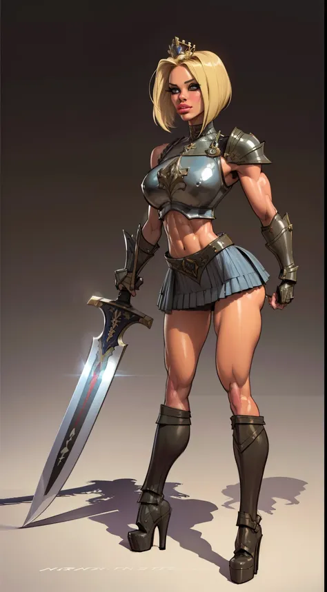 woman, bobcut, blondehair, ((black skin:1.4)), adorned in medieval armor, twerking, metal muscles, emanating a medieval elegance and marvel, armor pump boots, chrome reflective bra, chrome silver tiara, small armband, (shoulder armor), gauntlets, armored s...