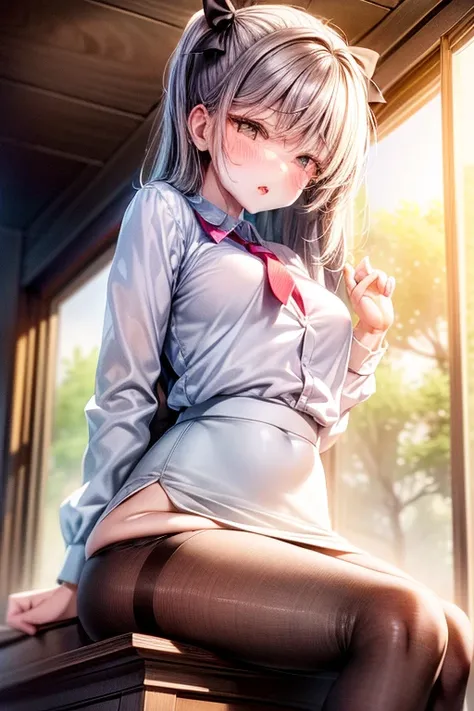 1girl, Table hump, rubbing the perineum, white  shirt, pencil skirt, office, white panty, skirt lift, strap, a table, high ground, multiple boys,Liquid, Thought-provoking,, Masterpiece, Best Quality, Highly detailed, (From Bottom:1.1)