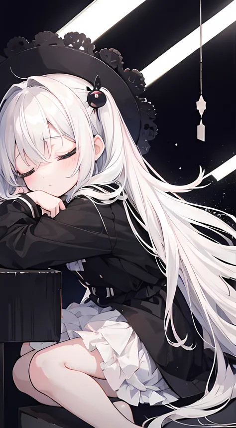 Sleepy doll, anime girl, doll girl, little girl, white hair girl, sleepy, sitting and sleeping, chibi, dark black background