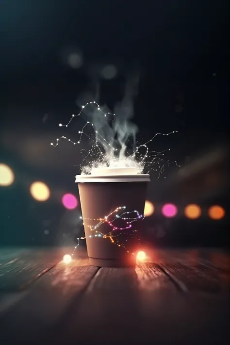 close-up of a cup of coffee with glitter from above, Background &quot;Coffee and stars&quot;, Hot coffee, Coffee cup, A cup of coffee,  a cup, very detailed visual effect of espresso, Steaming coffee, Artistic render, Epic concept art. bokeh, depicted as a...