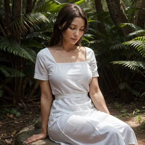 A woman in her forties, polite and beautiful, wearing a white dress, high-neck shirt, and white sarong, sitting with her hands clasped in the middle of the forest.