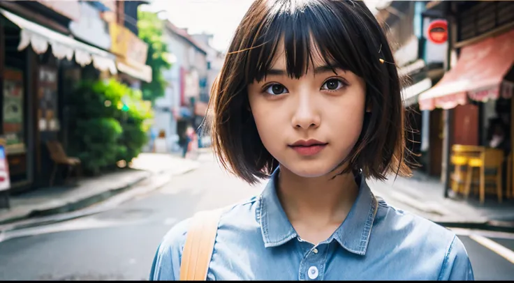 1 girl , Short hair, Sateen , streetview.