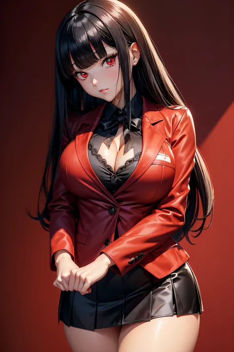 ((Best Quality)), ((masutepiece)), (Detailed), Perfect face　a beauty girl　cleavage of the breast　red eyes　long, thick black hair　 Blunt bangs　High school students　Red Blazer　Black miniskirt　Background white