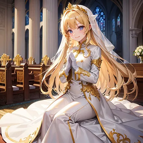 In front of the altar of a majestic church、golden long hair girl、Classic White Wedding Dresses、Long sleeve、long cuffs with many buttons、golden embroidery、Long Train、White gloves on both hands、5 fingers on both hands、A smile