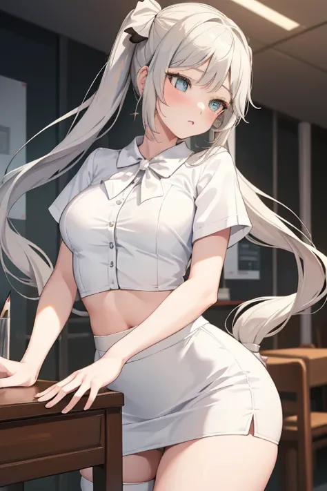 1girl, Table hump, rubbing the perineum, white shirt, pencil skirt, office, white panty, skirt lift, strap, a table, high ground, multiple boys,Liquid, Thought-provoking,, Masterpiece, Best Quality, Highly detailed, (From Bottom:1.1)