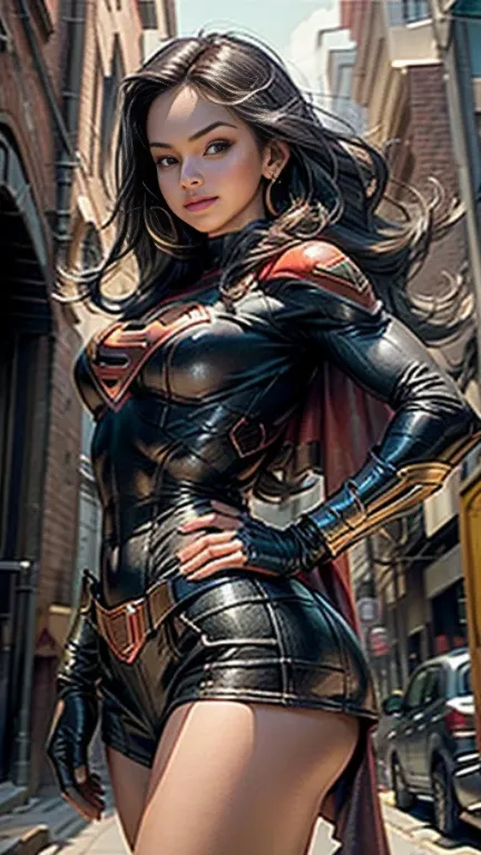 Mulher bonita cabelo preto curto definido corpo seios grandes, vestindo supergirl