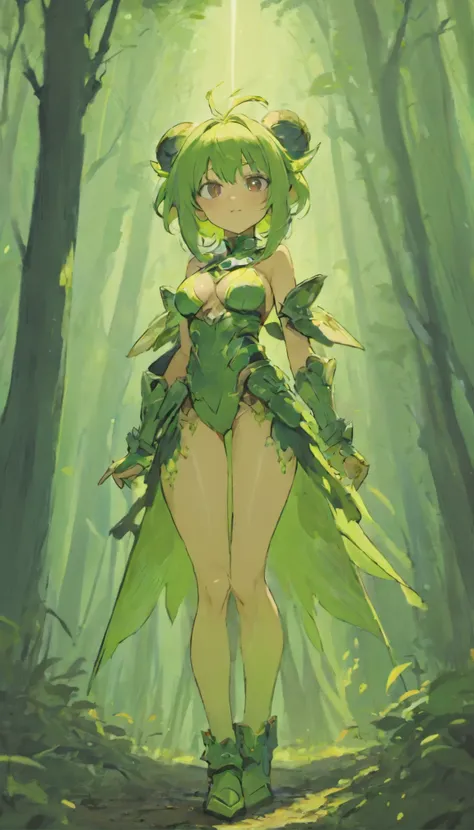 A sexually appealing goblin girl standing in the forrest. She busty and appears to be hurt. Her armor ripped to shreds and shes snarling at you, Green Skin, Momstergirl, nonhuman