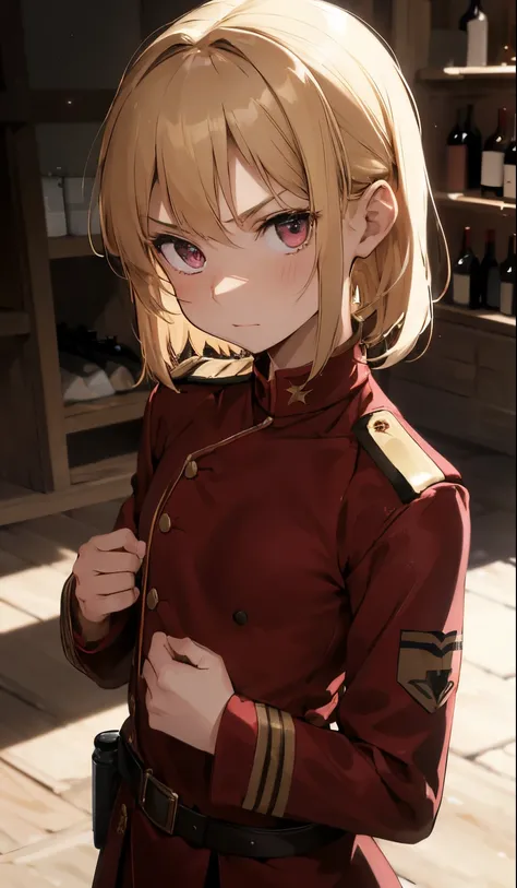 Perfect picture,On the battlefield,{Showing a girl wearing a wine red military uniform！}{barechested}{humiliating},{Fierce eyes},10-year-old girl,4K picture quality, Cinematic,,{Gamine},{small body and chest,,,,,,,,,,,,}, a blond,cute little, military girl