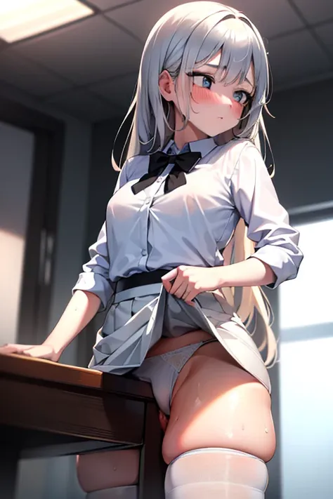 1girl, Table hump, rubbing the perineum, white  shirt, pencil skirt, office, white panty, skirt lift, strap, a table, elevation, multiple boys,A thought-provoking liquid,, Masterpiece, Best Quality, Highly detailed, (From Bottom:1.1)