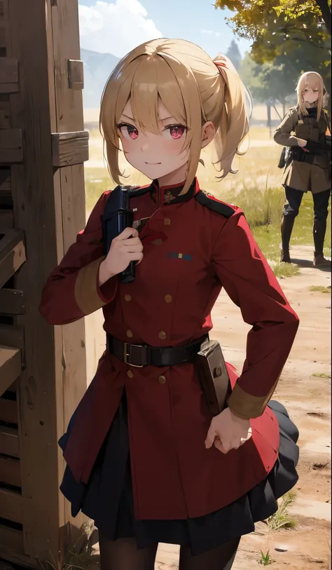 Perfect picture,On the battlefield,{Showing a girl wearing a wine red military uniform！}{combat scene}{girl firing a gun},{Frightened eyes},10-year-old girl,4K picture quality, Cinematic,,{Gamine},{small body and chest,,}, a blond,cute little, military gir...