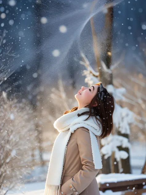 Couple wearing white coats and scarves standing in the snow, snowflakes falling, Snowflakes dance, nevando, Falling snow, It was snowing outside, snowing outside, light snowing, lens flare blizzard, snowflakes falling, There  snow on the body, in the snow,...