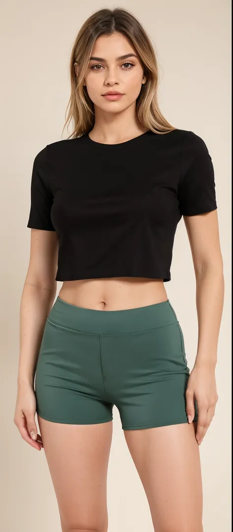 uma mulher de top preto e shorts legging azuis posando para uma foto, Topo de colheita, topo de corte, usando um top cropped, usando um top cropped sexy, tampo preto, physical : Tiny diaphragm of all time, usando um top cropped, com corte rasgado t - camis...