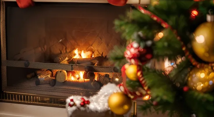 Cozy living room with roaring fireplace (Best quality, A high resolution), crackling flames light up the room. A beautifully decorated Christmas tree (vibrant with colors) Standing elegantly by the window, Decorated with sparkling lights and colorful decor...