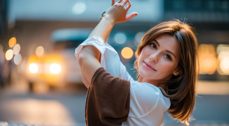 RAW uhd upper body body shot of 44 years old brunette woman, normal shot, Natural brunette hair,full-body, Burgen, wellig, (Brown-eyed woman) in der Wohnung, Vorgeschichte von New York City, Mamas Natutai, Abendkulisse, (Business Dress), detailliert (Stoff...