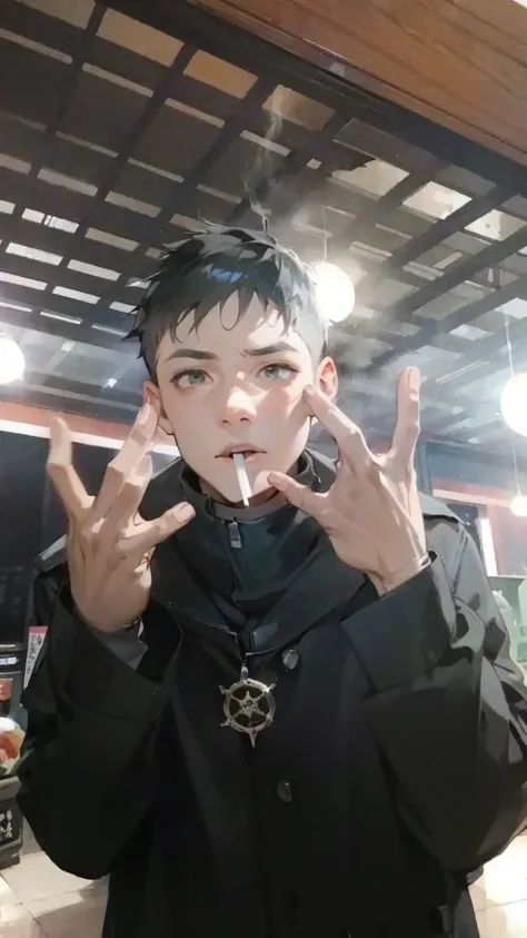 Real Picture Generate to Cartoon, 1boy, Black Jacket, Face Cartoon, Smoking on the mouth, short hair, black hair, Generate to Cartoon, Repair hand,