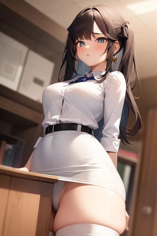 1girl, Table hump, rubbing the perineum, white  shirt, pencil skirt, office, white panty, skirt lift, strap, a table, high ground, multiple boys,Liquid, Thought-provoking,, Masterpiece, Best Quality, Highly detailed, (From Bottom:1.1)