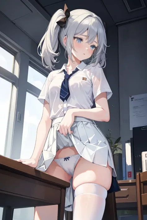 1girl, Table hump, rubbing the perineum, white  shirt, pencil skirt, office, white panty, skirt lift, strap, a table, high ground, multiple boys,Liquid, Thought-provoking,, Masterpiece, Best Quality, Highly detailed, (From Bottom:1.1)