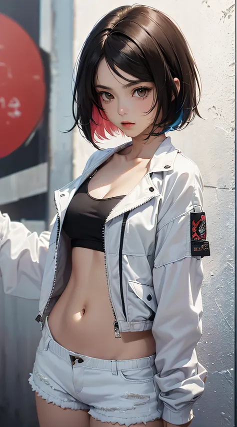 ((8k wallpaper of extremely detailed CG unit, ​masterpiece, hight resolution, top-quality)), ((Beautiful woman with dark hair, Model-like posture, Street fashion, Wearing a white camisole:1.2, Wearing a jacket:1.2, Wearing micro mini shorts:1.2)), ((extra ...