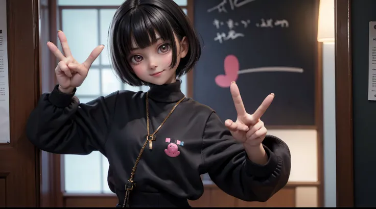 black haired little girl short hair, selfie, phone selfie, making a peace sign with her hands, peace, happy, very happy, 12yo student, good body posture, good hands gesture,