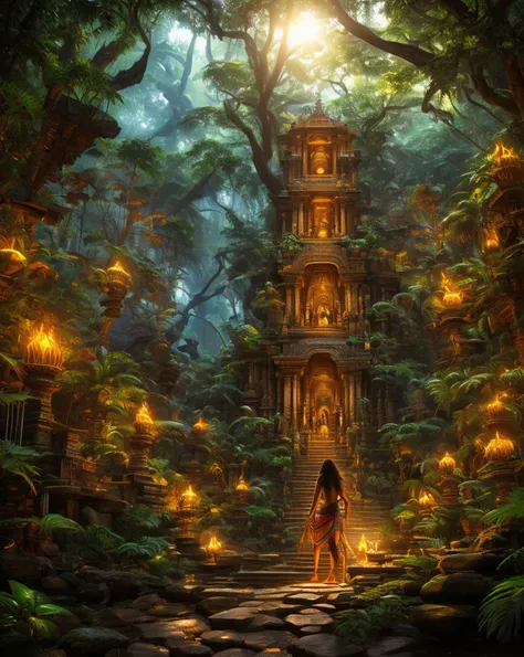 Perspective image, Alex Horley style art, full body, Brazilian Indian, indigenous Brazilian using psychic ability, concentrated cereno, fingers on temples, glowing eyes, transcendental psychedelic, Amazon rainforest scene, 4k image.