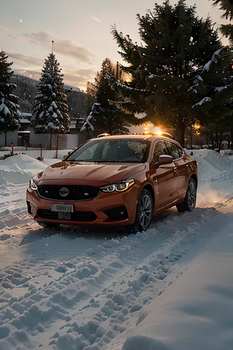 orange car with christmas tree in the trunk, high speed through the snow at sunset, wheels turning and spinning snow