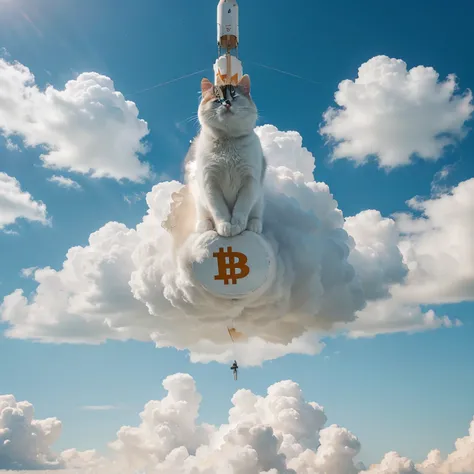 A beautiful white cat meme flying a rocket in the sky, beneath it is Bitcoin logo raising hands for help