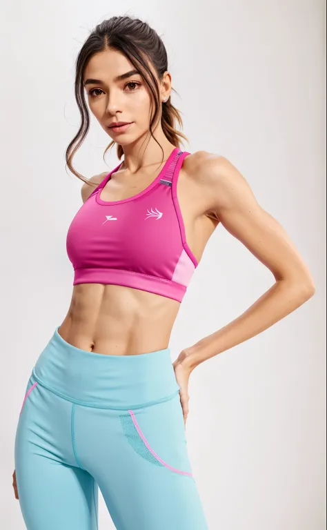 a close-up of a woman in a pink sports bra and blue leggings, sports bra, Esporte bom, brassier, two piece workout clothes, sport bra and shorts, encaixar, forma tonificada, detailed sports bra, roupas esportivas, Encaixe figura delicada, roupas esportivas...