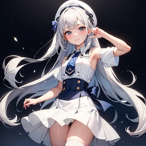 Portrait of a girl with long silver hair、Sleeveless, High collar white button front shirt、Navy cameo ribbon tie with gold trim、Navy blue high waist flared miniskirt with bustier、white voluminous lace underskirt、White socks above the knee、Bursting smile、Red...