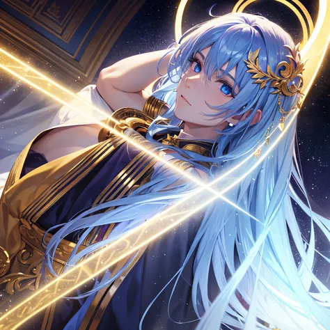 The young man is wearing a light golden robe, with a purple halo behind his head, and the huge palace is filled with light, long blue hair, blue eyes