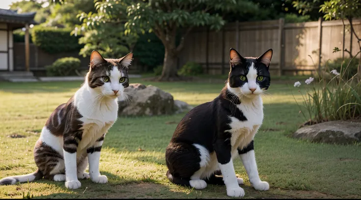 a couple of cats that are standing in the grass, an album cover by Baiōken Eishun, shutterstock contest winner, ukiyo-e, ukiyo-e, anime, anime aesthetic