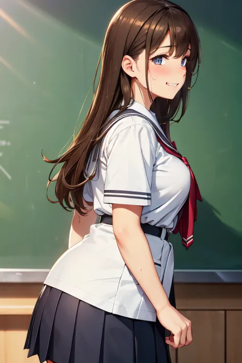 (High quality, High resolution, Fine details), Realistic, (school uniform), (View from right side:1.5), blackboard, solo, curvy women, Light brown hair, sparkling eyes, (Detailed eyes), grin, blush, Sweat, Oily skin, shallow depth of field