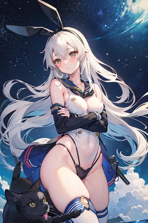 hyper detailed, perfect anatomy, extremely detailed and delicate, 1 girl, shimakaze(kancolle), 1 black cat, night sky, stars, milkyway, hugging a black cat,