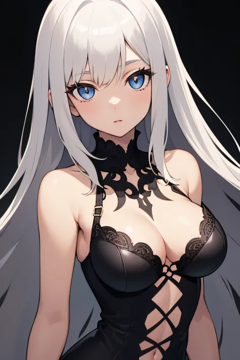 1girl, anime, cute girl, blank background, white background, fantasy, detailed dark fantasy dress with highlights, beautiful face, beautiful eyes, dark colors, silver hair, medium breasts, slight cleavage, beautiful skin, cute, breast curtains, extremely d...