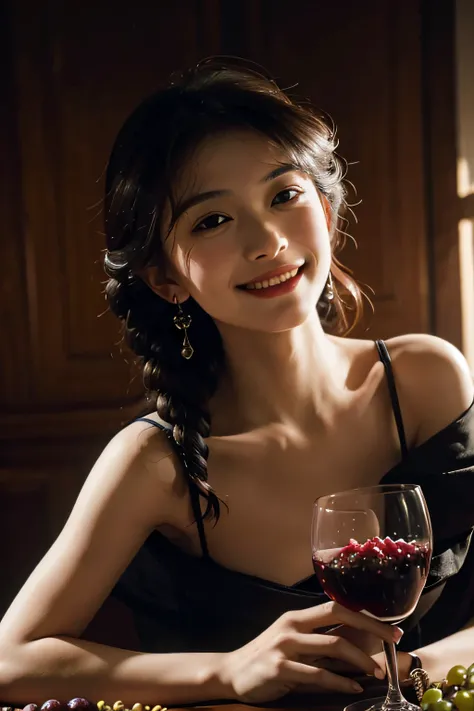 fruits,Grapes,Rosa,antique,A smile,,Sweet and seductive appearance.、Caravaggios paintings、Chiaroscuro of Caravaggio,,Cute smile, Expression of ecstasy,erotick,A sexy