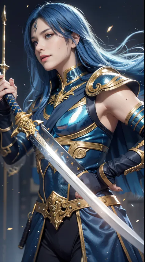 8k, best quality, highres, realistic, real person, a heroic character with silky blue bobbed hair, holding a legendary sword. th...