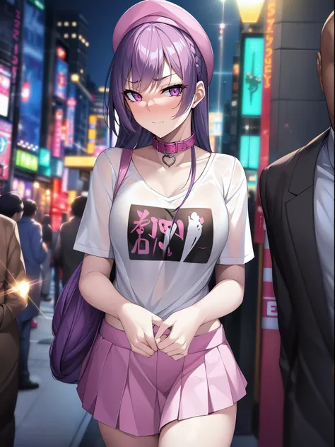 masterpiece, best quality, 1girl, purple hair,pink eyes, long hair,(small breasts),standing on street, (collar t-shirt), underwe...