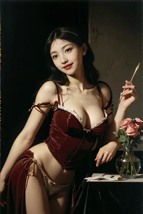 Chiaroscuro of Caravaggio,Math、Astronomical utensils,astronault,Roses in a vase,fruits,cute little,A smile,Ancient Greek costumes,Paintings by Sandro Botticelli,Costume with stretched shoulders,huge smile,large full breasts,Ecstasy expression,A sexy,erotic...