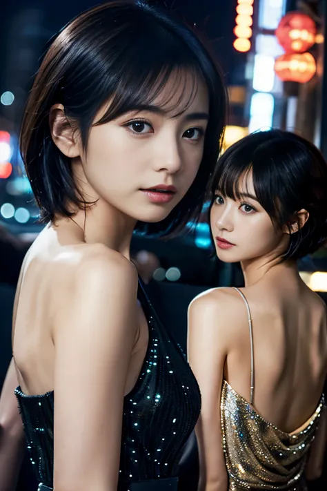 Glittering night view、back view of chic black dress、provocative profile、Beautiful Japan actress、short-haired、sakimichan、cinematric light， realisticlying， best qualtiy， Complex CG，Highly detailed face，High detail eyes，