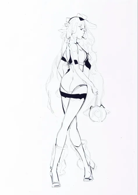 A drawing of a woman in bikini walking with purse, full body concept, outline sketch, full body character drawing, Thick black line drawing, Clean anime silhouette, Bold draft, Line, Perfect lines, detailed full-body concept, Thick silhouette, Whole body d...