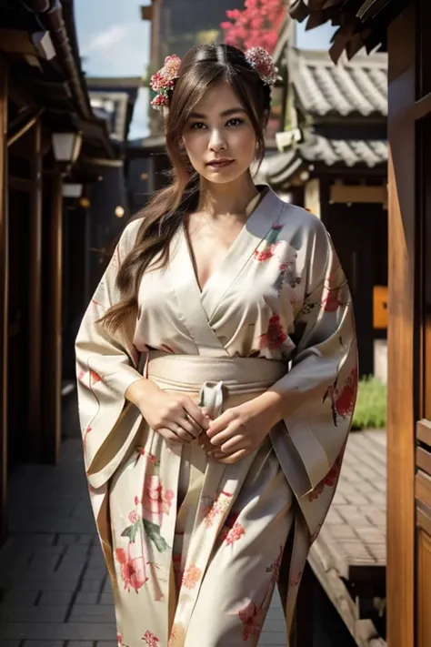 Best Quality, masutepiece, 超A high resolution, (Photorealistic:1.4), Raw photo, 1girl in, Beauty in kimono with a crane pattern, gros-plan, Looking at Viewer, castle town, Upstyle, Hair Ornament,Beautiful photoeautiful,fullbody image,