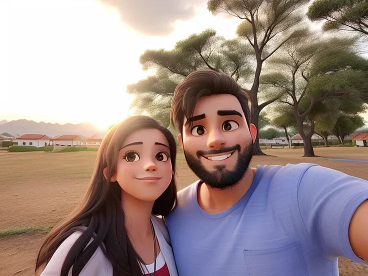 Um lindo casal passando pra foto com o por do sol de fundo.