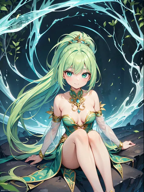 (RAW Photos, Best Quality), ((goddes)), (Fantasia, animesque:1.2), (1womanl), Absurd, awardwinning photo, Extreme Detail, very intricate,, Detailed face + Eyes, Green hair, poneyTail, (The face is small), Beautiful eyes, long eyelashes, slenderbody, Deitie...